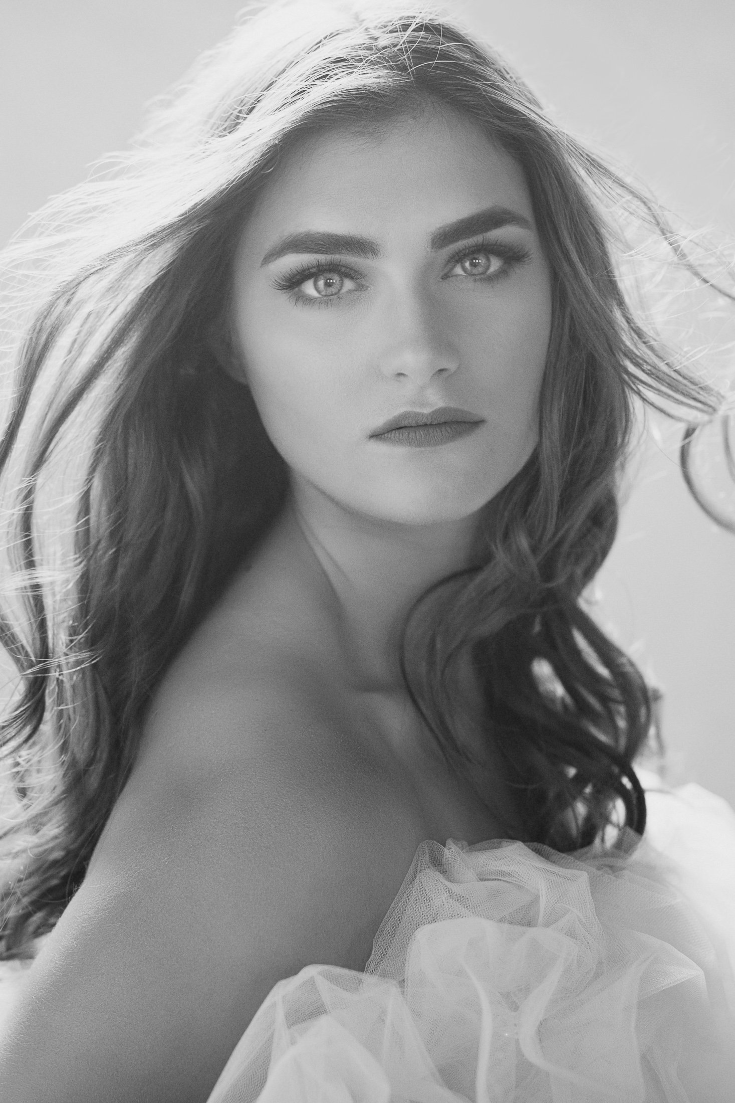 High-key black and white beauty portrait in tulle, AJK Images Dallas